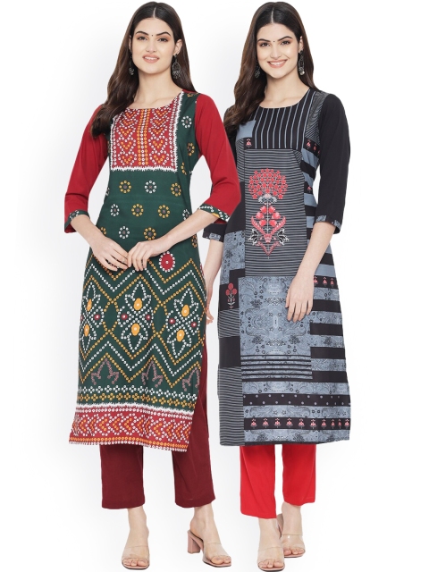 

Ethnic basket Women Multicoloured Geometric Printed Thread Work Floral Crepe Kurta, Multi