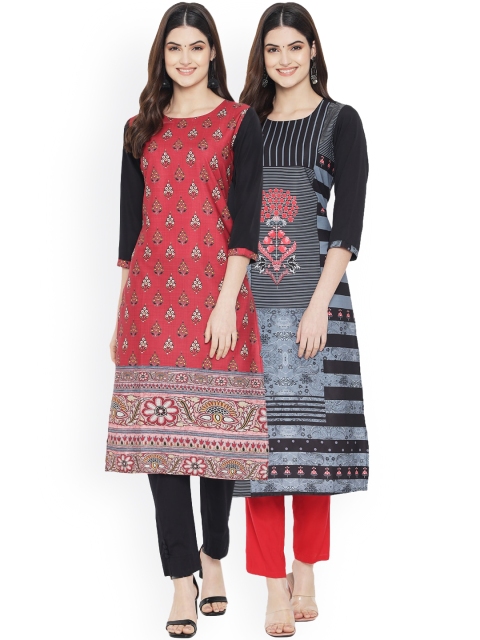 

Ethnic basket Women Multicoloured Ethnic Motifs Printed Thread Work Floral Crepe Kurta, Multi