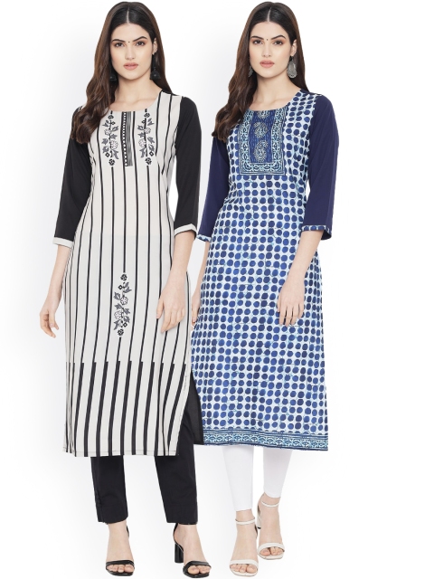 

Ethnic basket Women Multicoloured Striped Thread Work Floral Crepe Kurta, Multi