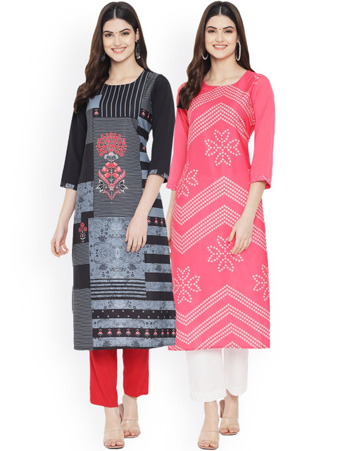 

Ethnic basket Women Multicoloured Geometric Printed Keyhole Neck Floral Crepe Kurta, Multi