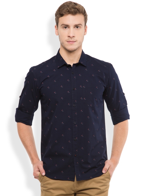 

HIGHLANDER Navy Printed Slim Fit Casual Shirt, Navy blue