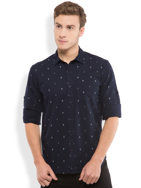 

HIGHLANDER Navy Patterned Slim Fit Casual Shirt, Navy blue