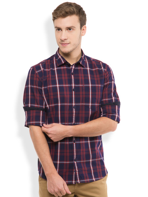 

HIGHLANDER Navy Checked Slim Fit Casual Shirt, Navy blue