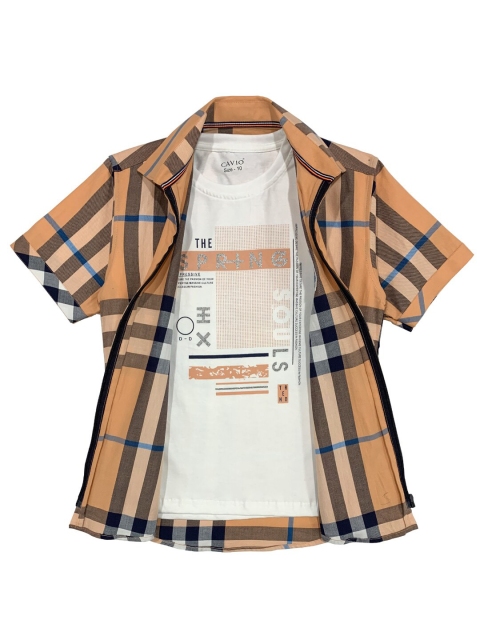 

CAVIO Boys Peach-Coloured Tartan Checks Checked Casual Shirt