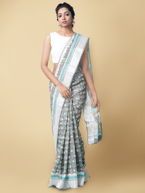 

Unnati Silks Grey & Blue Hand Block Printed Floral Pure Cotton Kasavu Saree