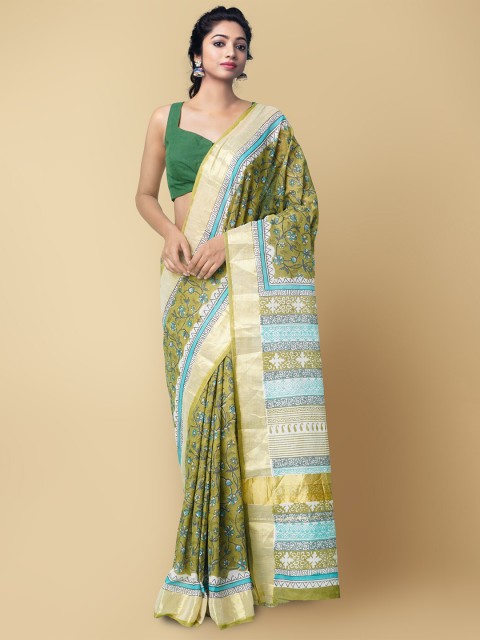 

Unnati Silks Green & Blue Ethnic Pure Hand Block Printed Kasavu Saree