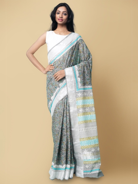 

Unnati Silks Grey & Blue Ethnic Motifs Pure Cotton Kasavu Saree