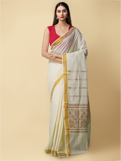 

Unnati Silks Cream & Gold Ethnic Motifs Printed Pure Cotton Kasavu Saree