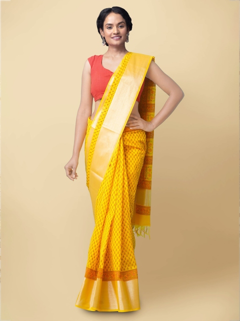 

Unnati Silks Yellow & Green Ethnic Motifs Zari Silk Cotton Chanderi Saree