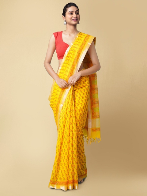 

Unnati Silks Yellow & Green Floral Printed Silk Cotton Chanderi Saree