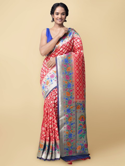 

Unnati Silks Red & Blue Woven Design Silk Cotton Banarasi Saree