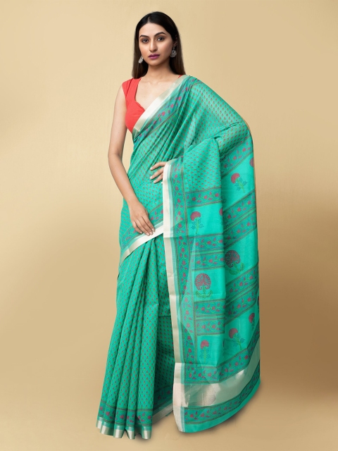 

Unnati Silks Green & Magenta Ethnic Motifs Printed Silk Cotton Chanderi Saree