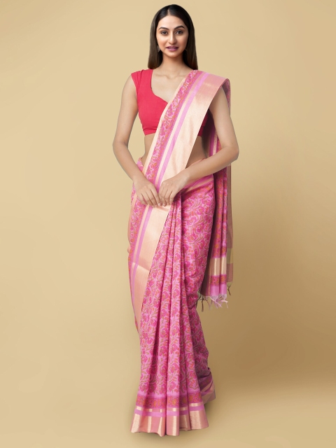 

Unnati Silks Pink & Gold-Toned Ethnic Motifs Zari Silk Cotton Chanderi Saree