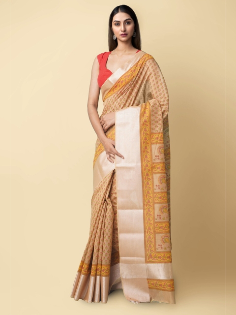 

Unnati Silks Orange & Green Ethnic Motifs Silk Cotton Chanderi Saree