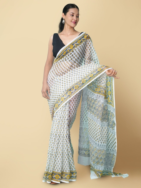 

Unnati Silks Cream & Yellow Dabu Woven Design Kota Saree