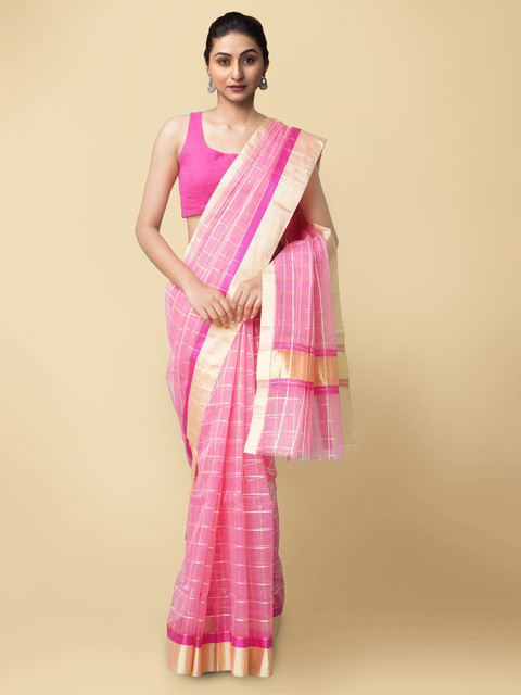 

Unnati Silks Pink & Cream Checked Kovai Organza Saree