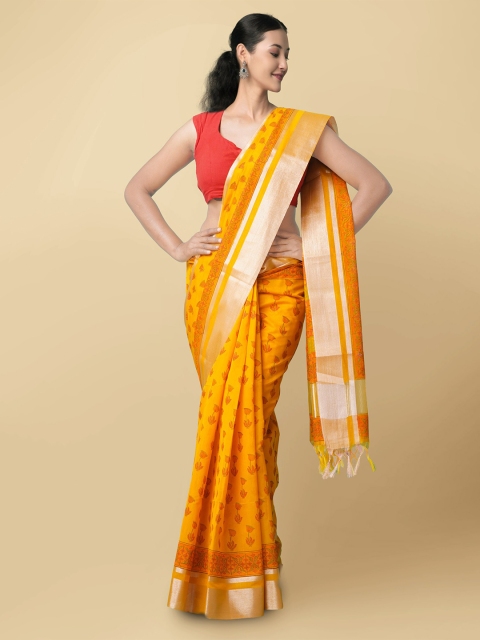 

Unnati Silks Yellow Ethnic Motifs Silk Printed Cotton Chanderi Saree