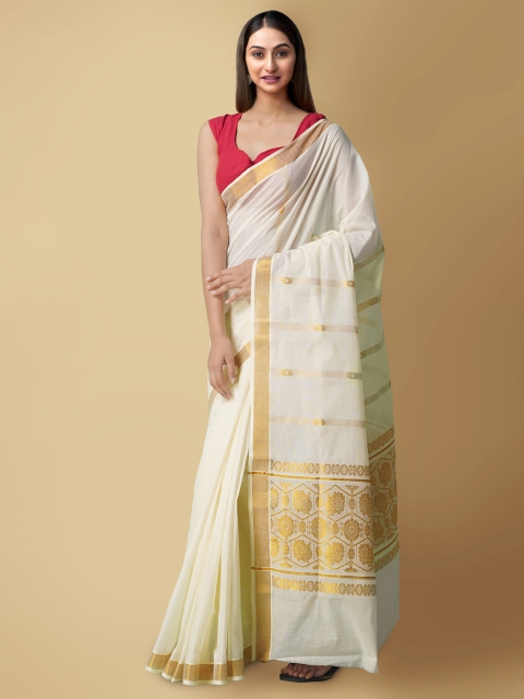 

Unnati Silks Cream-Coloured & Gold-Toned Woven Design Zari Pure Cotton Kasavu Saree
