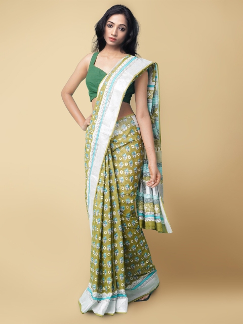 

Unnati Silks Green & Blue Ethnic Motifs Zari Pure Cotton Kasavu Saree