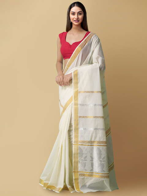 

Unnati Silks Cream & Gold-Toned Woven Design Pure Cotton Kasavu Saree