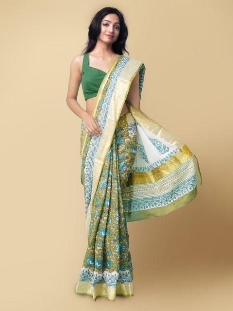 

Unnati Silks Green & Blue Ethnic Motifs Zari Pure Cotton Kasavu Saree