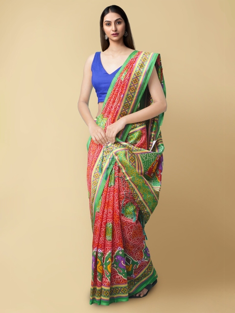 

Unnati Silks Red & Green Ethnic Motifs Art Silk Patola Saree