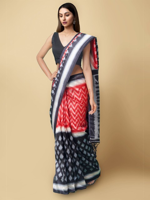 

Unnati Silks Red & Black Ethnic Motifs Art Silk Patola Saree