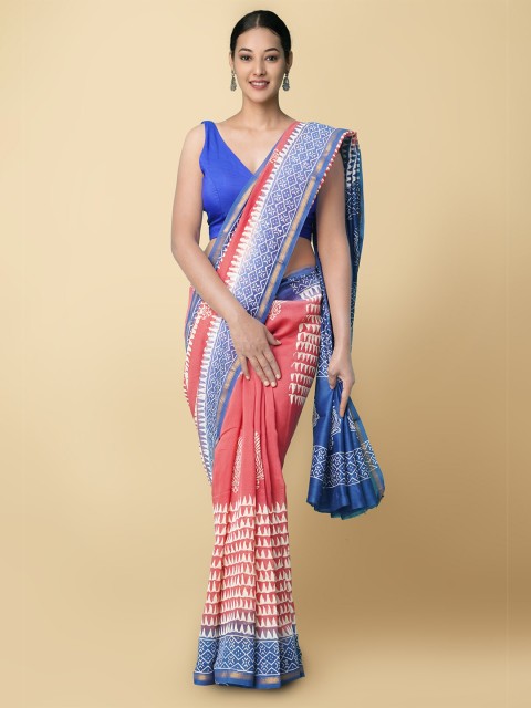 

Unnati Silks Red & Blue Pure Block Printed Chanderi Saree
