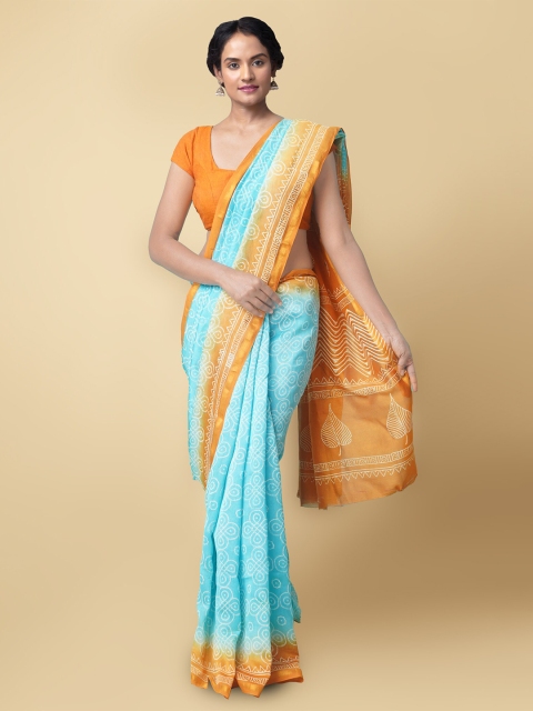 

Unnati Silks Blue & Orange Ethnic Motifs Silk Cotton Chanderi Saree