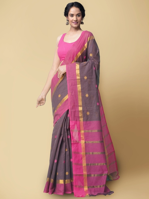 

Unnati Silks Brown & Pink Woven Design Zari Pure Cotton Chettinad Saree
