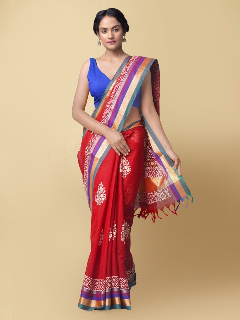 

Unnati Silks Red & Purple Ethnic Motifs Printed Silk Cotton Chanderi Saree