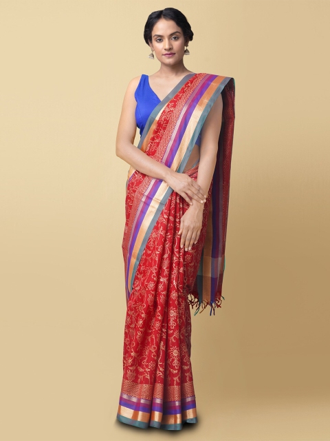 

Unnati Silks Red & Purple Ethnic Motifs Zari Silk Cotton Chanderi Saree
