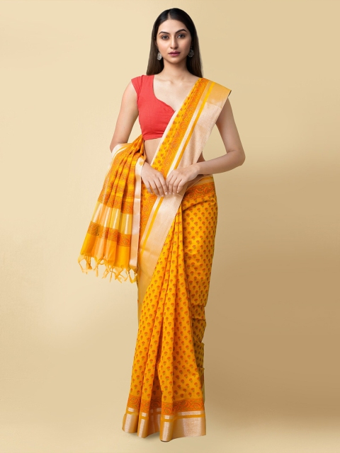 

Unnati Silks Yellow & Gold-Toned Ethnic Motifs Zari Silk Cotton Chanderi Saree