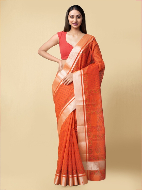 

Unnati Silks Red & Green Ethnic Motifs Printed Chanderi Saree