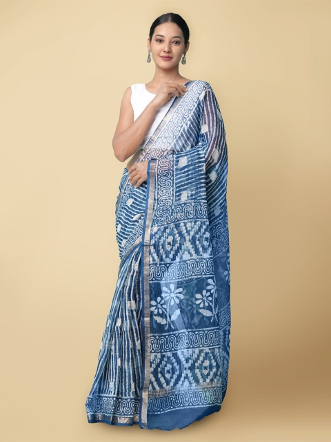 

Unnati Silks Blue & White Printed Dabu Pure Cotton Kota Saree