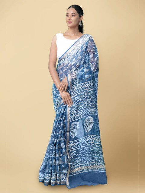 

Unnati Silks Blue & White Dabu Pure Cotton Handloom Kota Saree