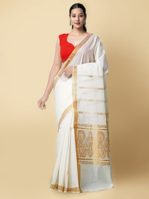 

Unnati Silks Cream & Gold-Toned Woven Design Pure Cotton Kasavu Saree