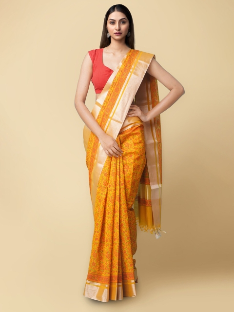 

Unnati Silks Yellow & Gold-Toned Floral Printed Chanderi Saree