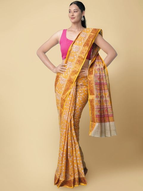 

Unnati Silks Yellow & Magenta Ethnic Motifs Zari Jute Cotton Kasavu Saree