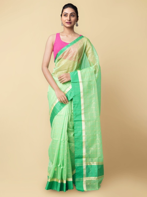 

Unnati Silks Green & Gold Checked Zari Organza Kovai Saree