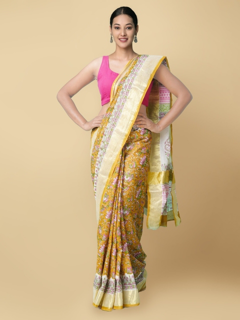 

Unnati Silks Orange & Green Hand Block Ethnic Motifs Pure Cotton Handloom Kasavu Saree