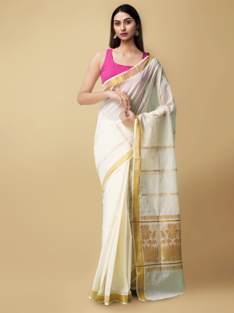 

Unnati Silks Cream-Coloured & Gold-Toned Woven Design Zari Pure Cotton Kasavu Saree