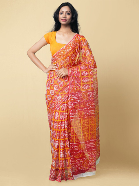 

Unnati Silks Red & Orange Bandhani Printed Pure Cotton Handloom Kota Saree