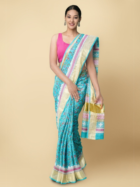 

Unnati Silks Turquoise Blue & Gold Ethnic Motifs Zari Pure Cotton Kasavu Saree