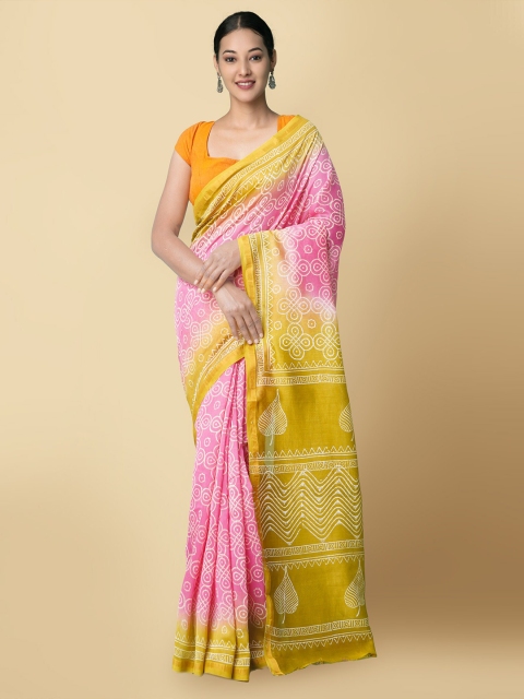 

Unnati Silks Pink & Yellow Ethnic Motifs Printed Silk Cotton Chanderi Saree
