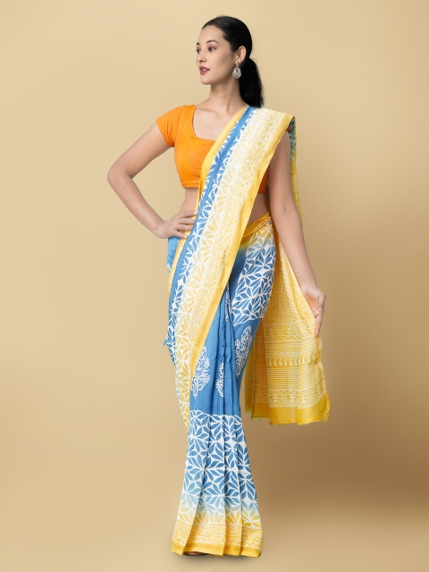

Unnati Silks Blue & Yellow Ethnic Motifs Zari Silk Cotton Chanderi Saree
