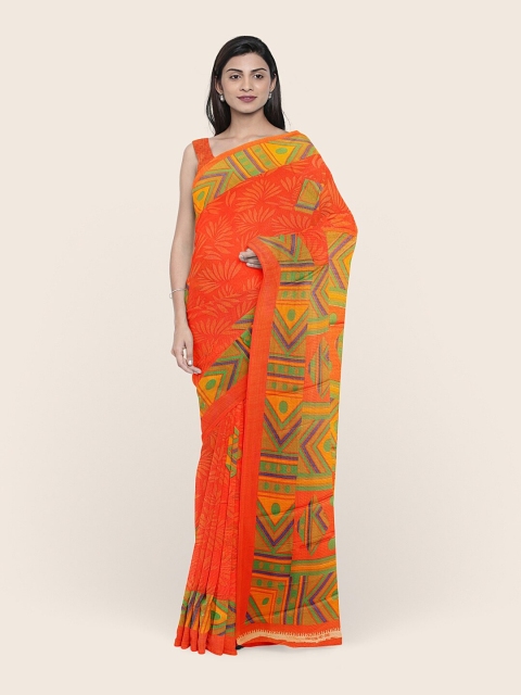 

Pothys Orange & Green Printed Cotton Blend Saree