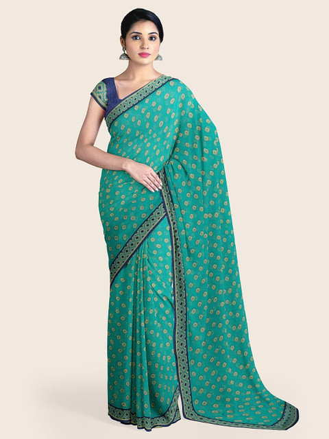 

Pothys Green & Beige Geometric Printed Poly Chiffon Saree