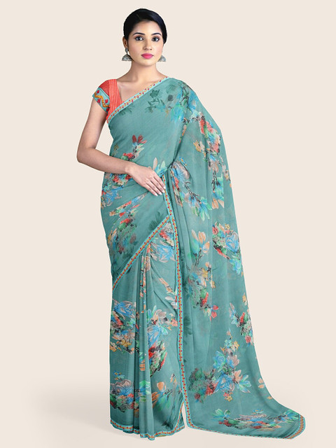 

Pothys Blue & Red Floral Printed Chiffon Saree