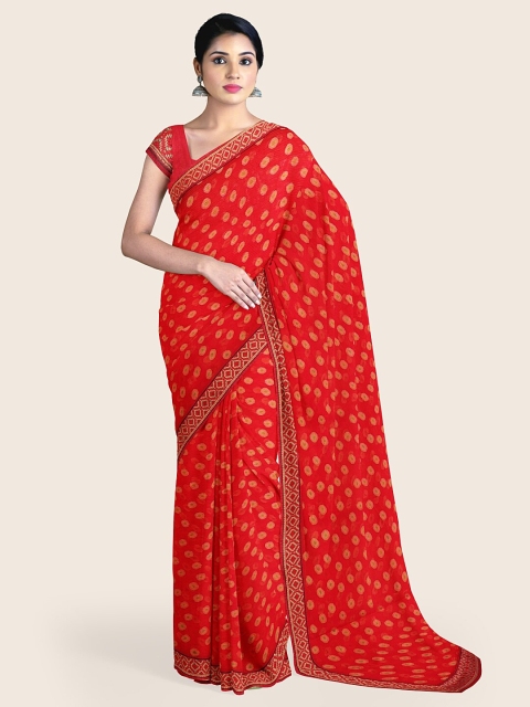 

Pothys Red & Gold-Toned Woven Design Aari Work Saree